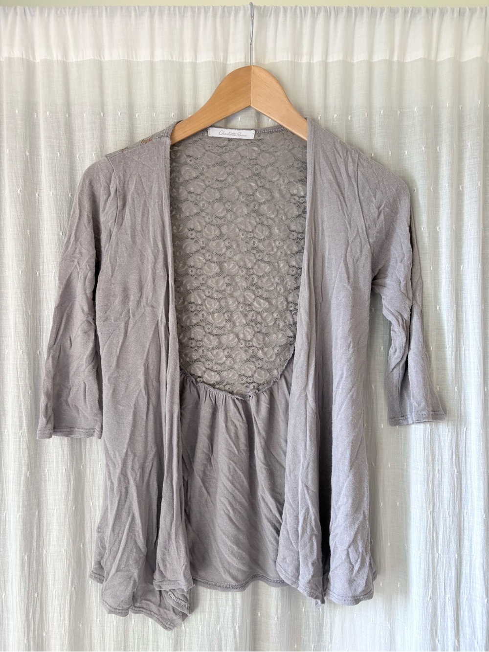 Y2K Charlotte Russe Gray Open-Front Lace-Back Cardigan - Picture 1 of 4